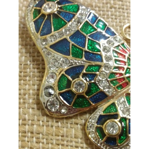 Large Rhinestone Enamel Butterfly Brooch Colorful Bold Runway Gold Tone - Picture 5 of 6